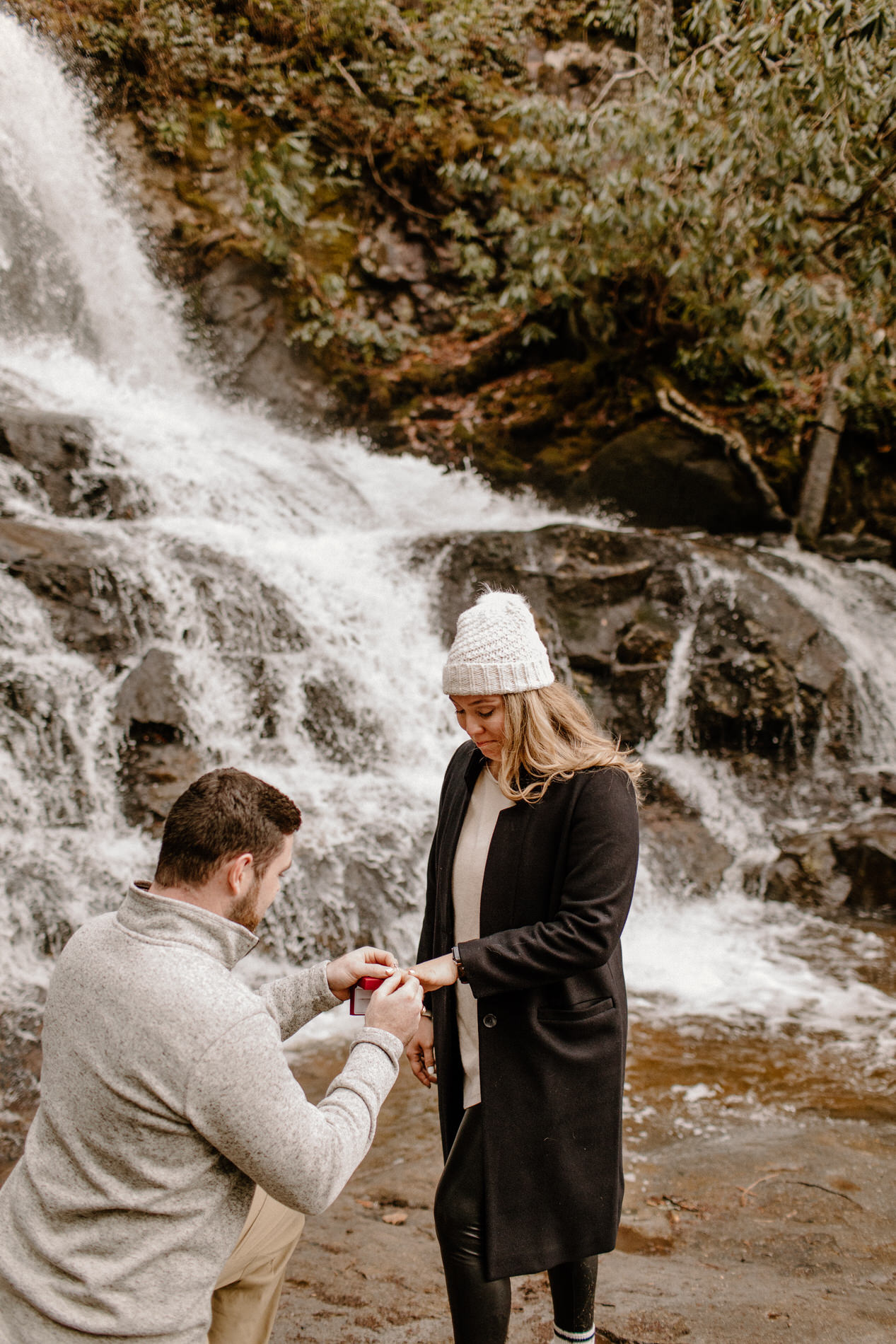 A proposal in front of the waterfall at Laurel Falls in the Smoky Mountains.