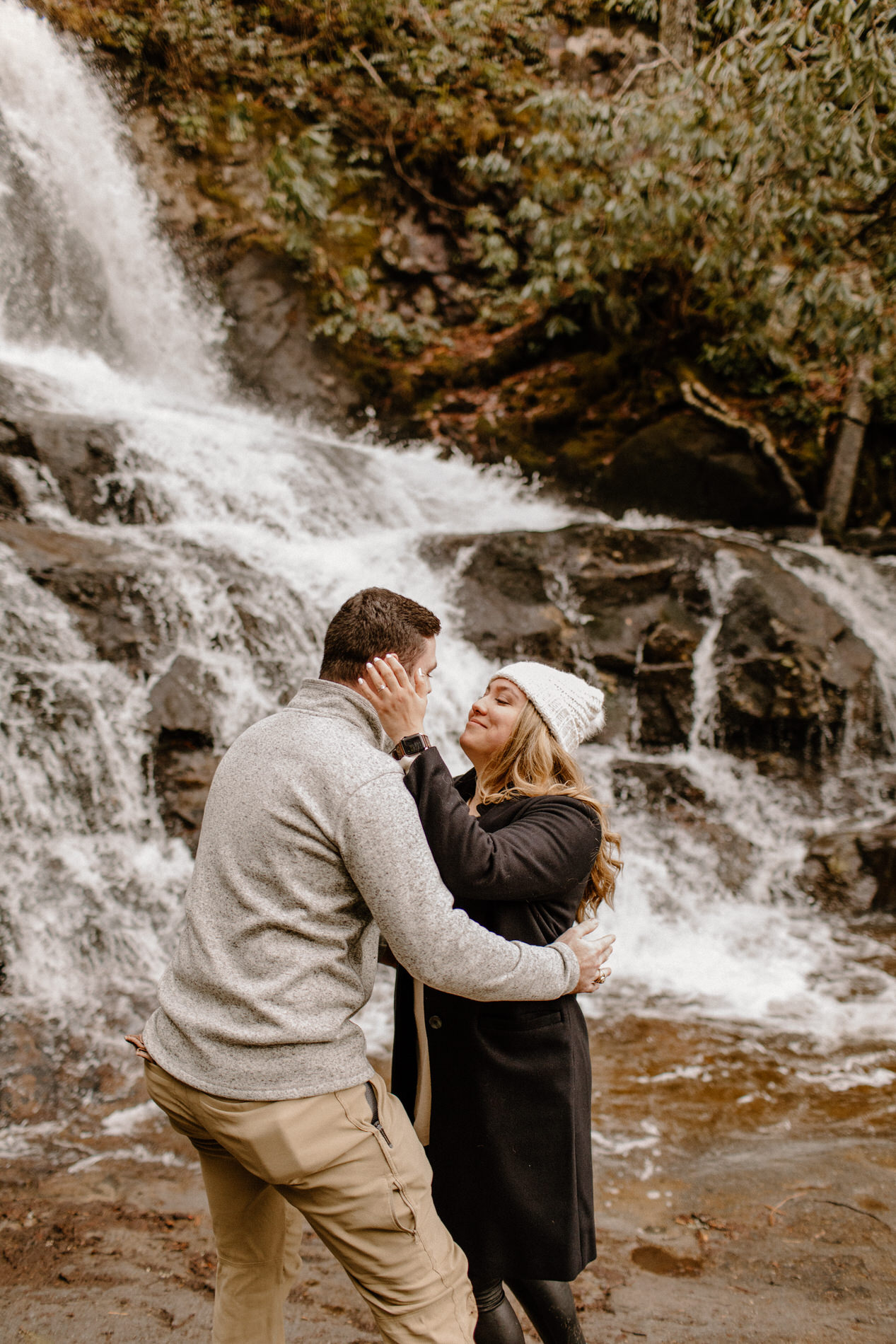 A proposal in front of the waterfall at Laurel Falls in the Smoky Mountains.