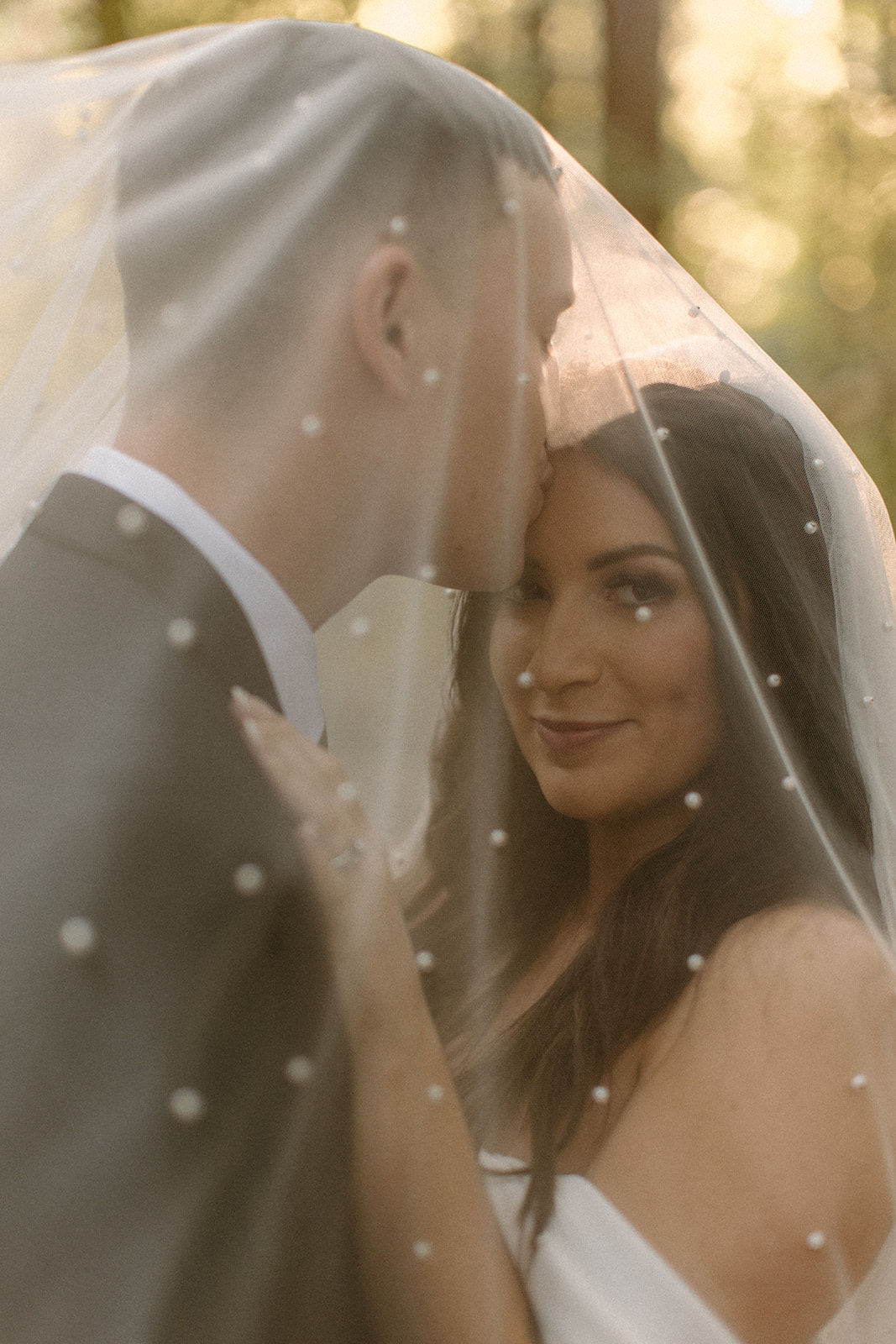 husband kissing wife under a veil on their wedding day