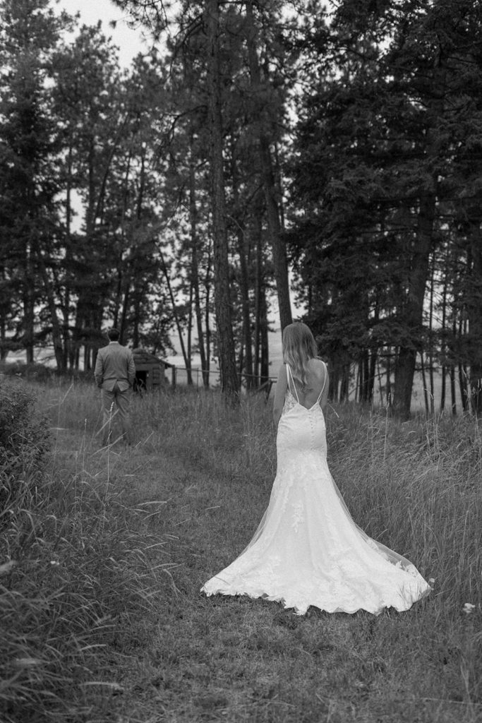 bride and groom about to do their first look for their Montana Elopement