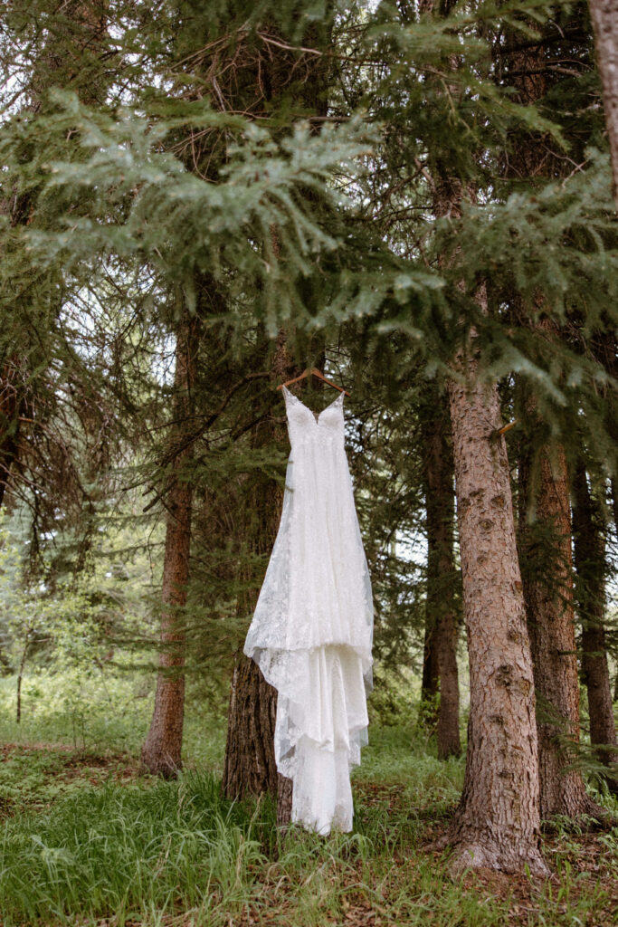 wedding dress detail photo in the forest
